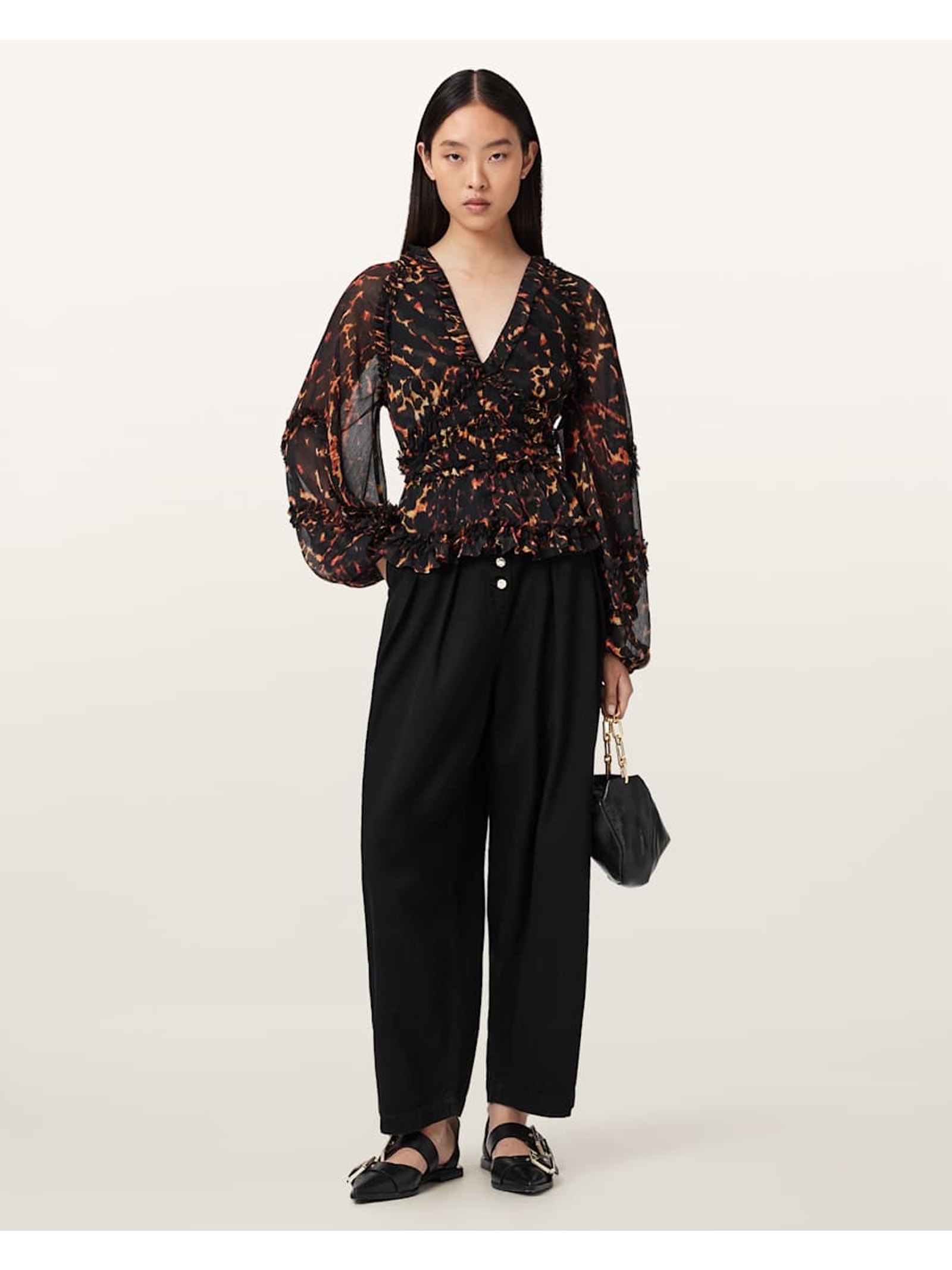 Allsaints Silvie Ruffle Balloon Sleeve Blouse In Pardus Flame Brown Size 6 Nwt